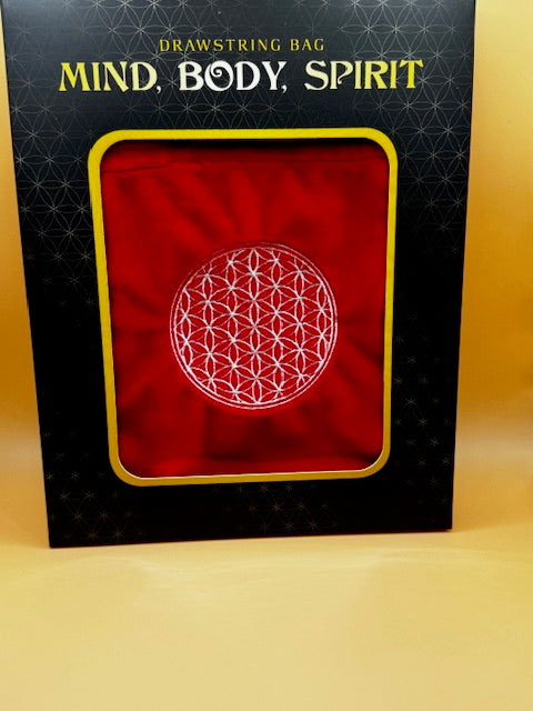 White Embroidered Flower of Life on Red Drawstring Bag New