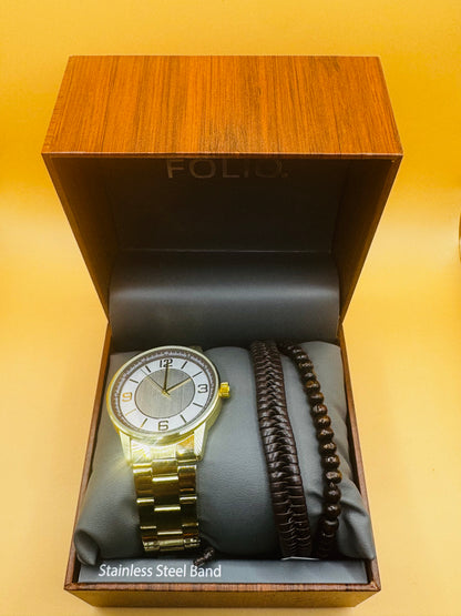 Folio Adult Men's Stainless Steel Gold 44mm 2pc Wristwatch Set New