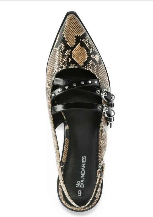 No Boundaries Women's Faux Leather Strappy Moto Flats-Snake