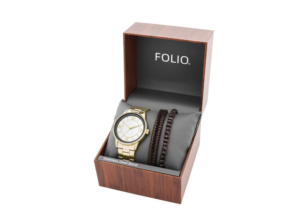Folio Adult Men's Stainless Steel Gold 44mm 2pc Wristwatch Set New
