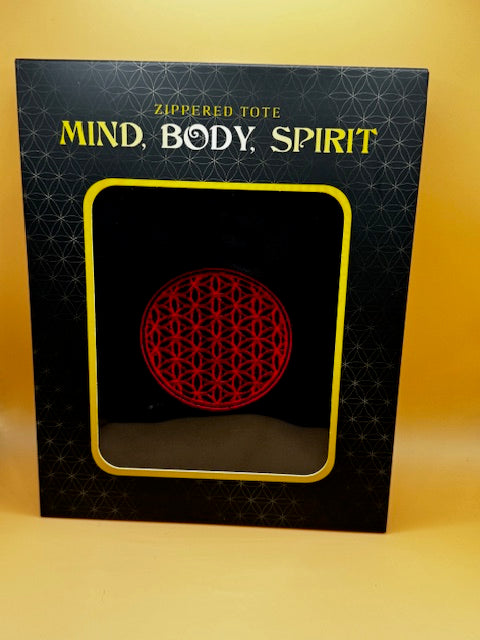 Red Embroidered Flower of Life on Black Two-Handled Tote with Zipper