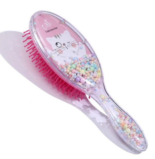 Girls Hair Comb Detangler Hair Brush- Cat Loves Fish Foam Beads New