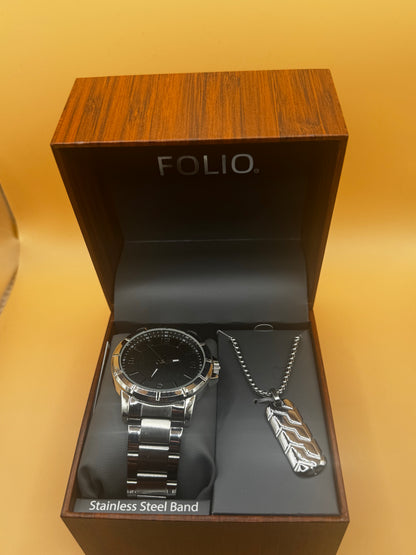 Folio Adult Men's Stainless Steel Silver 45mm 2pc Wristwatch Watch Set New