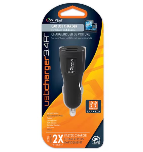 Power Up! USB Plug - 3.4a Dual USB Black Car Charger New