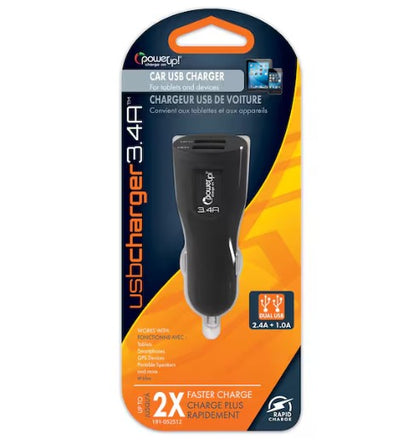 Power Up! USB Plug - 3.4a Dual USB Black Car Charger New