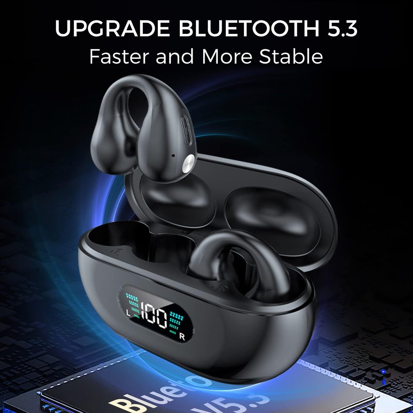 Alpha Digital - Clip-On/Open Ear-Buds Bluetooth 5.3, 18Hr Playtime - Black New