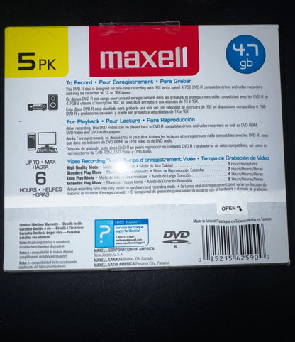 Maxell DVD-R Discs, 4.7GB, 16x, w/Jewel Cases, Gold, 5/Pack New Sealed