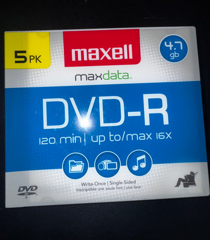 Maxell DVD-R Discs, 4.7GB, 16x, w/Jewel Cases, Gold, 5/Pack New Sealed