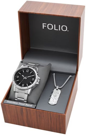 Folio Adult Men's Stainless Steel Silver 45mm 2pc Wristwatch Watch Set New