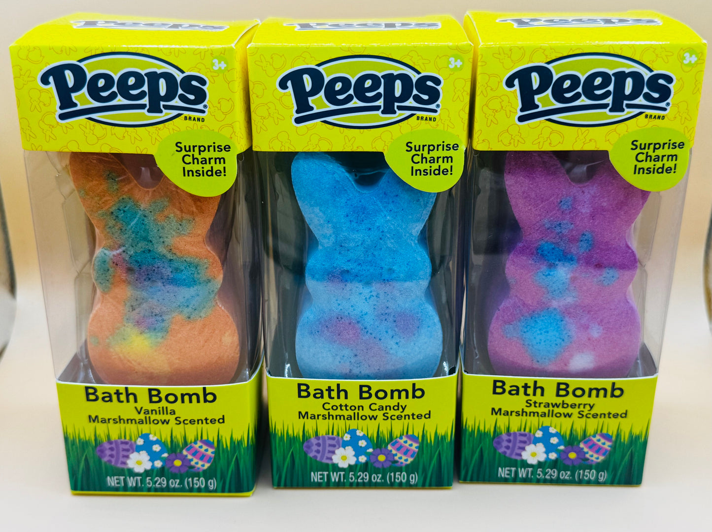 3 Peeps Bath Bombs w Charm Inside Vanilla, Cotton Candy and Strawberry New